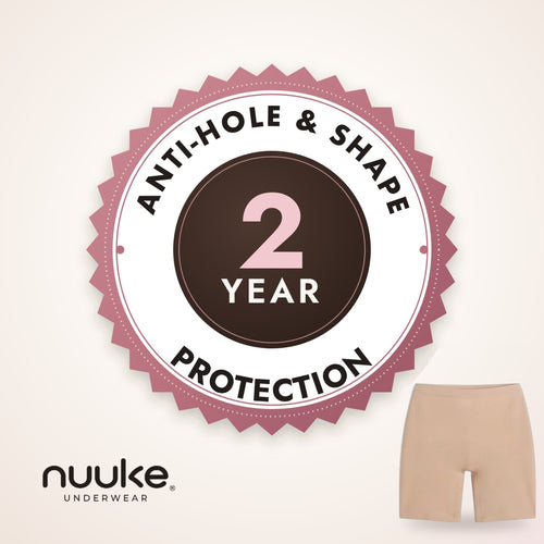 Nuuke 2-Year Anti-Hole & Shape Protection badge with Nuuke shorts