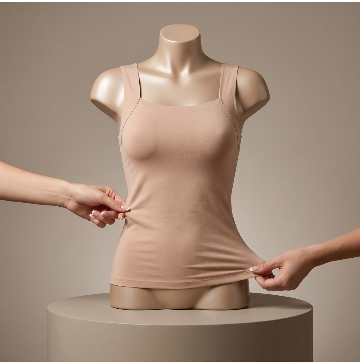 Nude tank on a dress form, two hands pinching the soft stretchy fabric