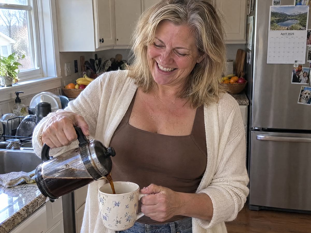 Woman pouring coffee in her kitchen in the mocha tank