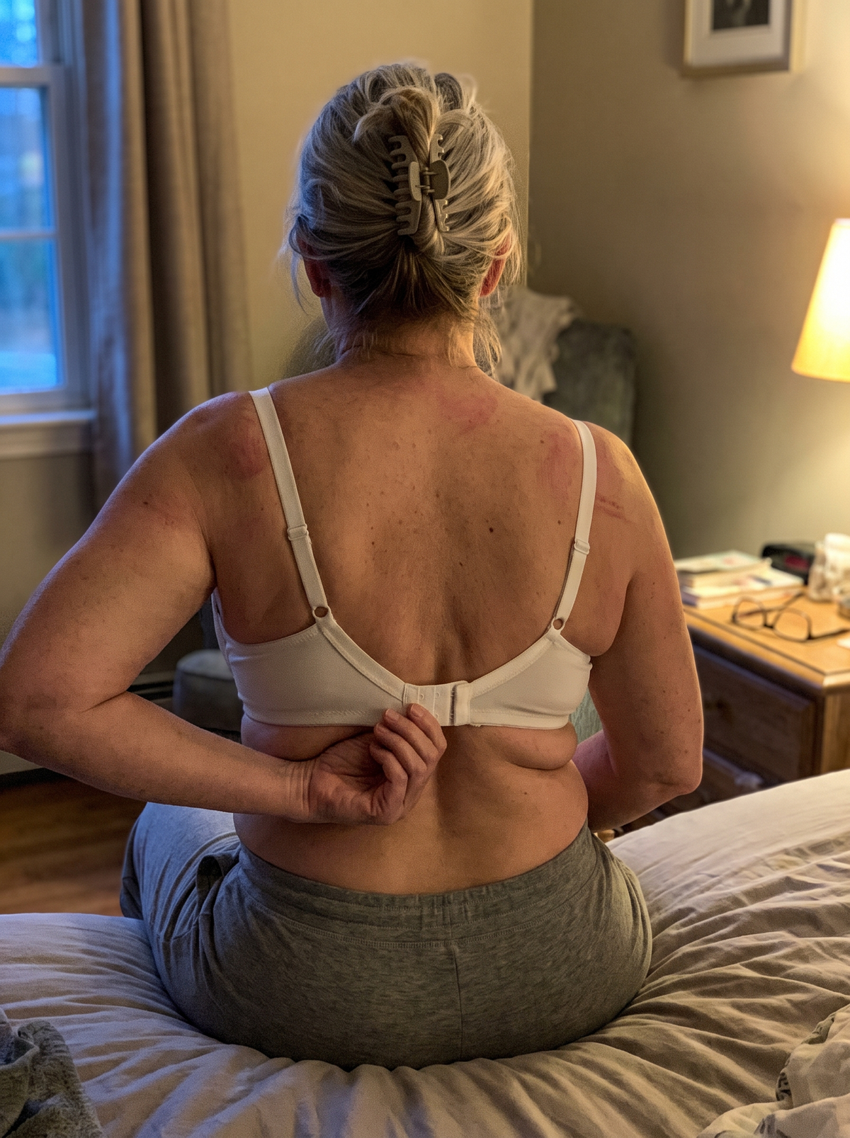 Woman seen from behind, a tight bra band digging into her back with skin rolling over it