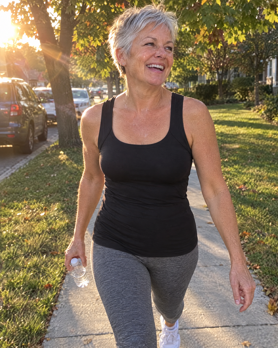 Customer on her morning walk in a black tank