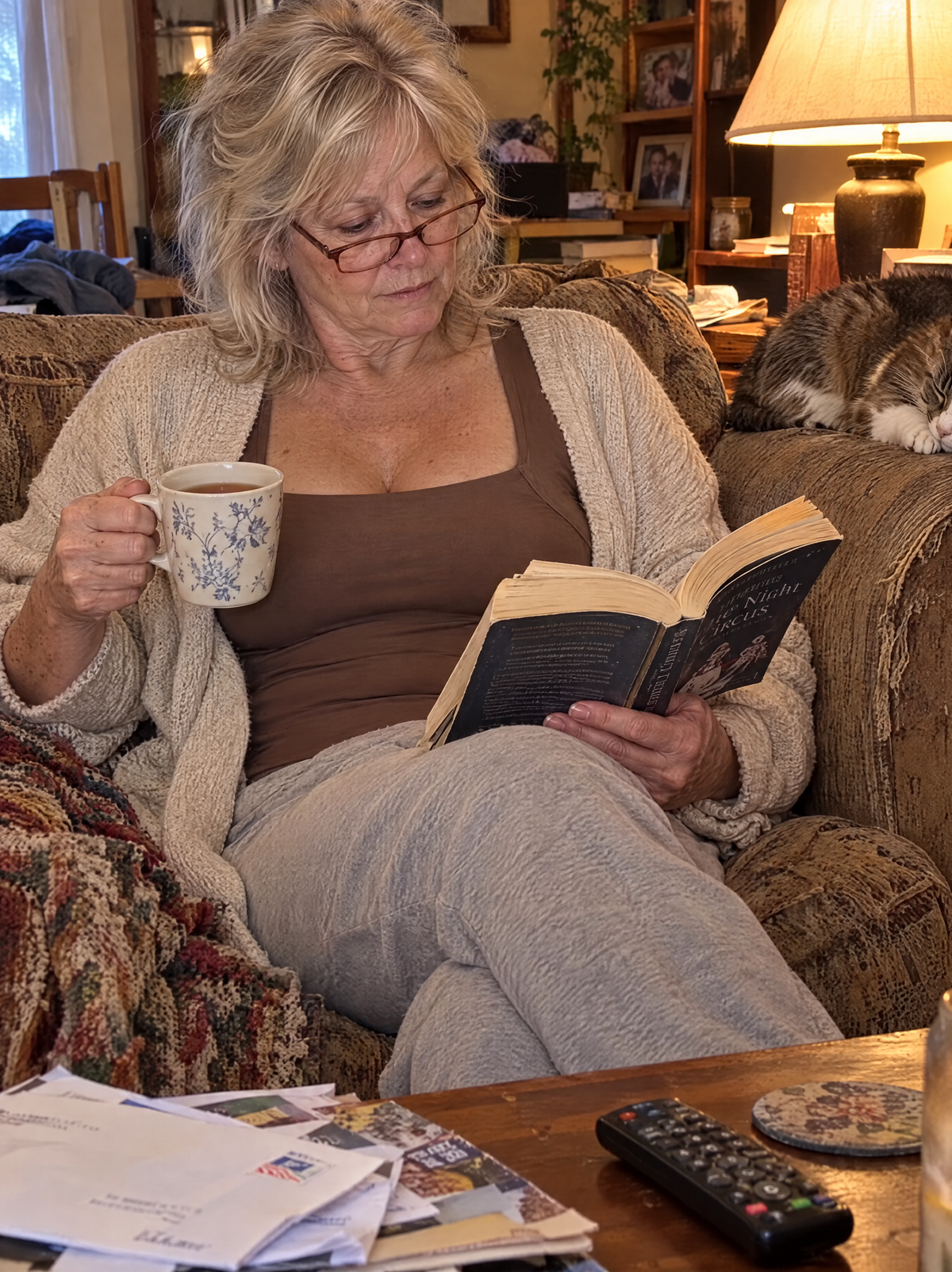 Woman reading on the sofa in the mocha tank