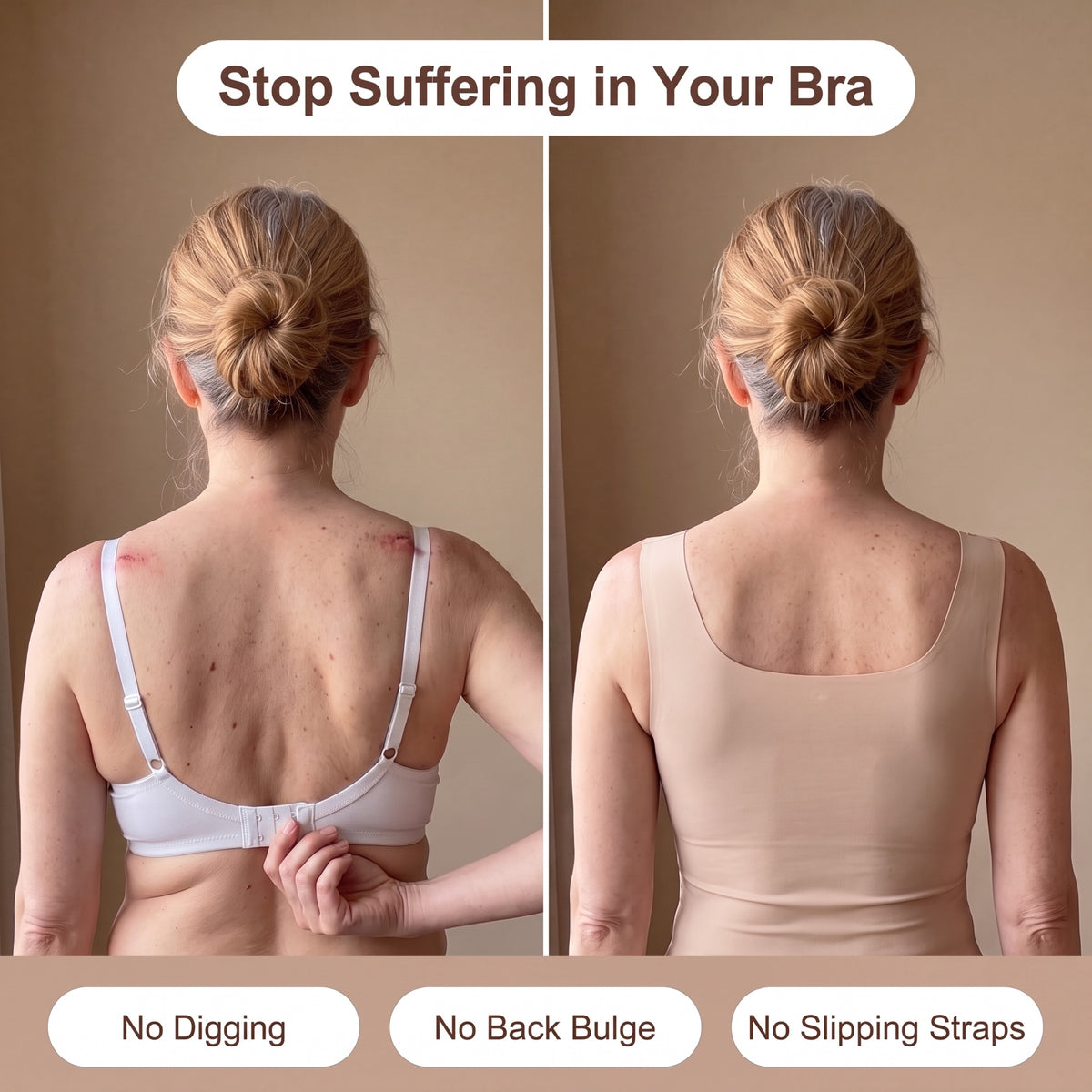 Before and after: a bra band digging into the back vs the smooth back of the tank