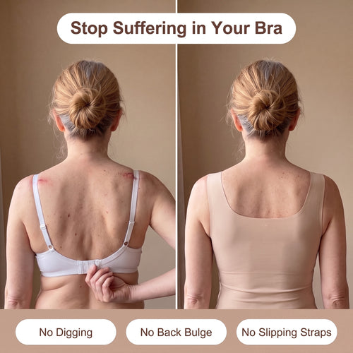 Before and after: a bra band digging into the back vs the smooth back of the tank