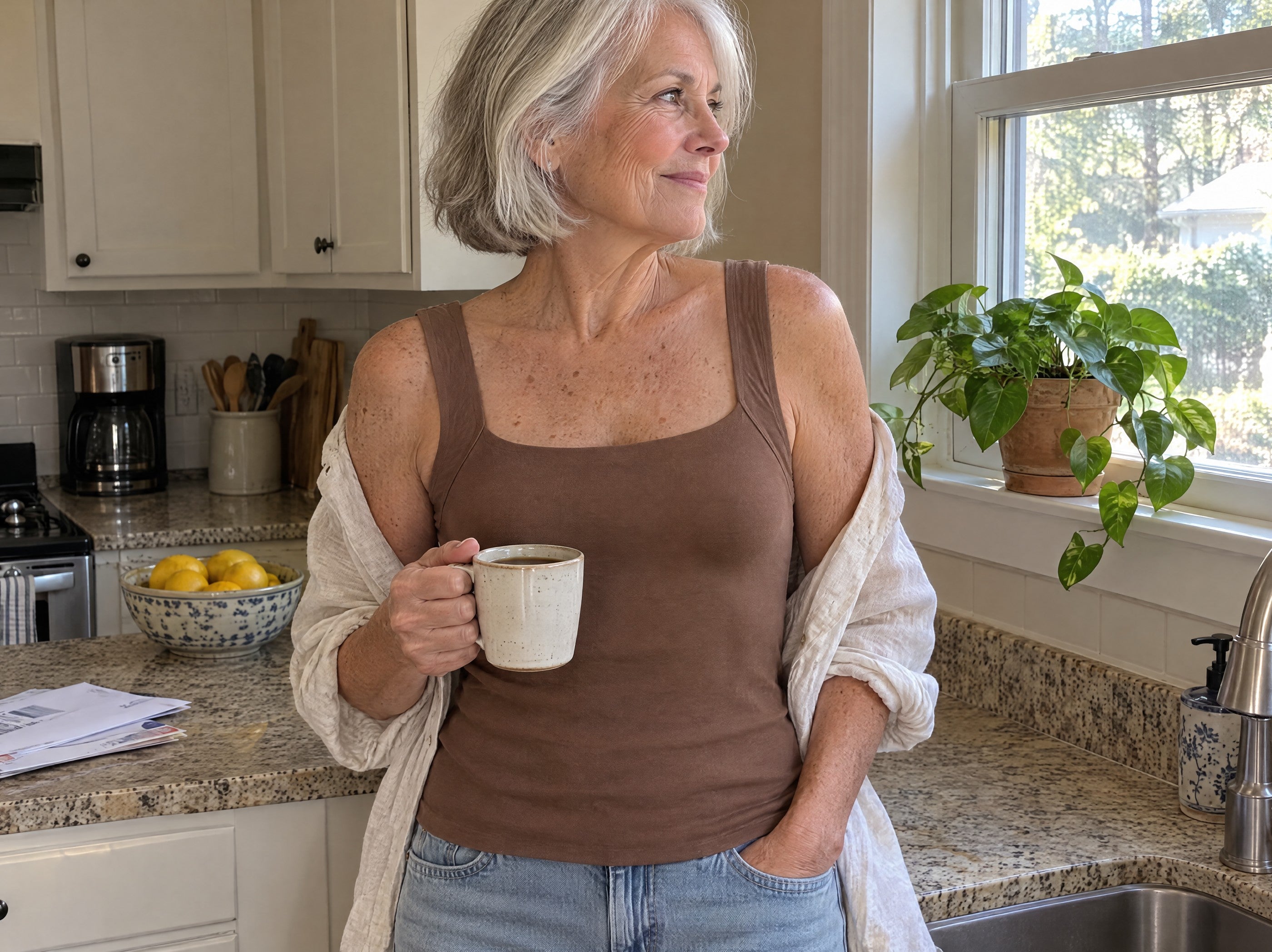 A woman in her late sixties in her kitchen in the morning, wearing the mocha bra tank with jeans